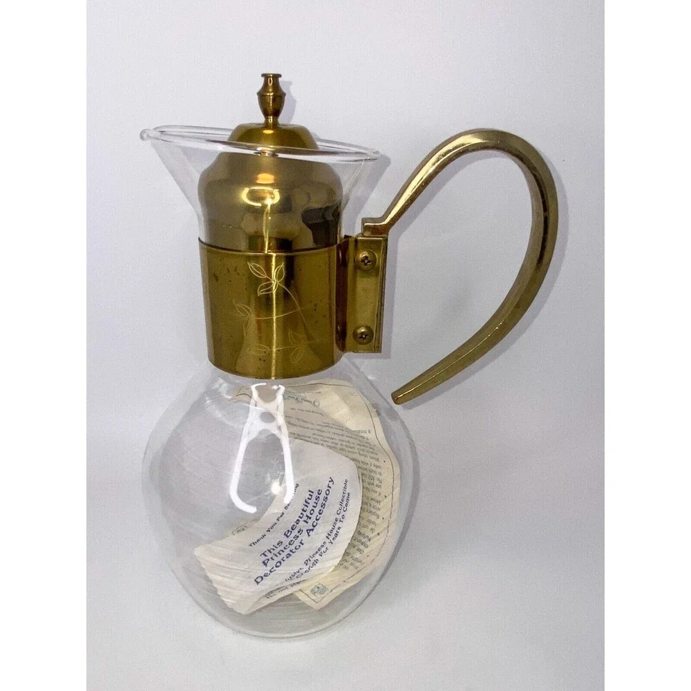 Vtg 70s Princess House Heritage Carafe Corning Glass Bronze Handle Tea Coffee